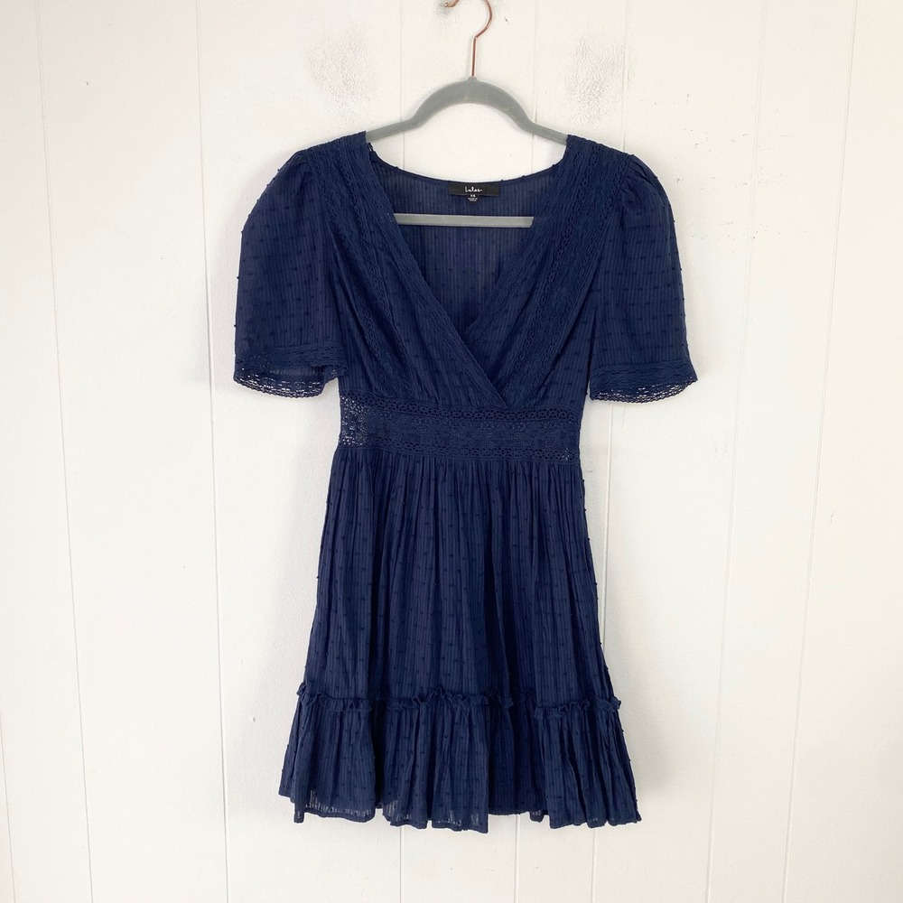 Lulus Navy Blue Swiss Dot Lace Trim Mini Dress XS Fit & Flare